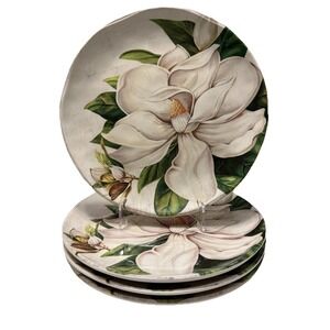 Pier 1 Magnolia Floral Pattern Ironstone 8.75" Salad Plates Set of Four RARE
